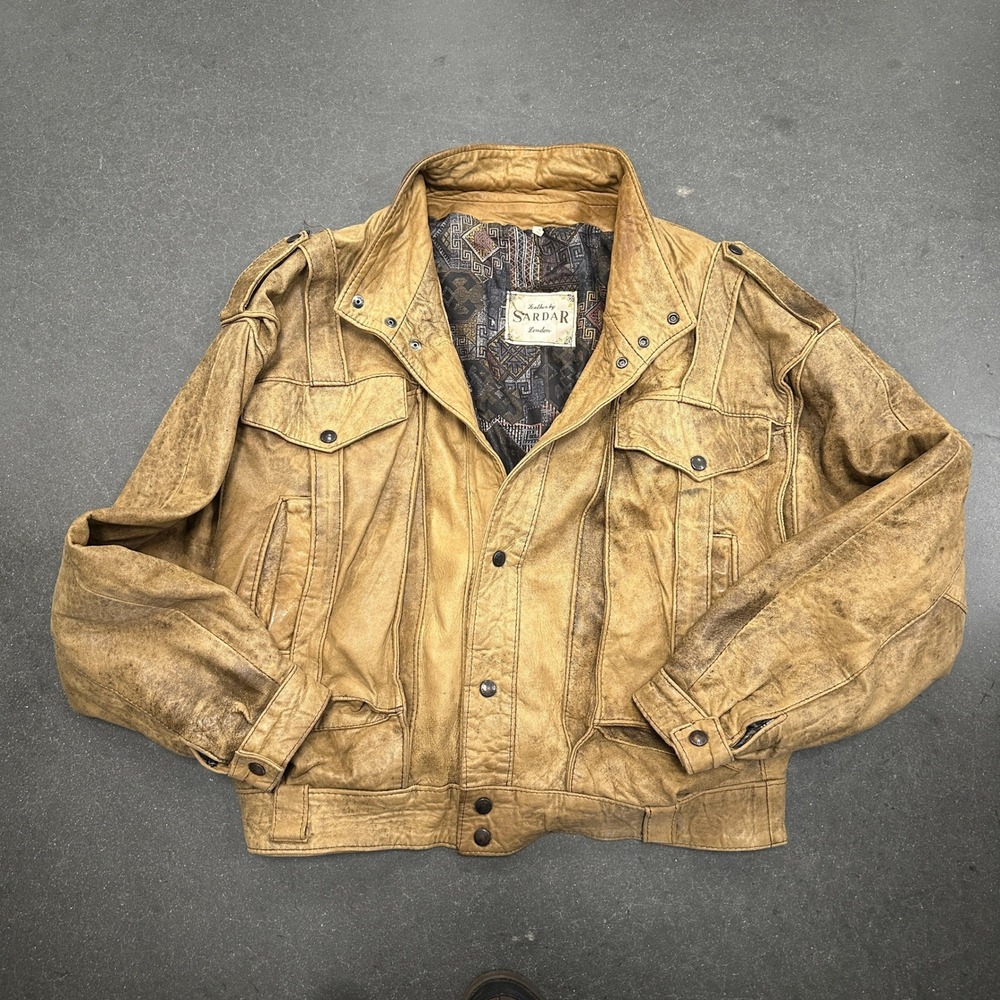Vintage 80s Leather by Sardar London Distressed Tan Leather Bomber Jacket Large